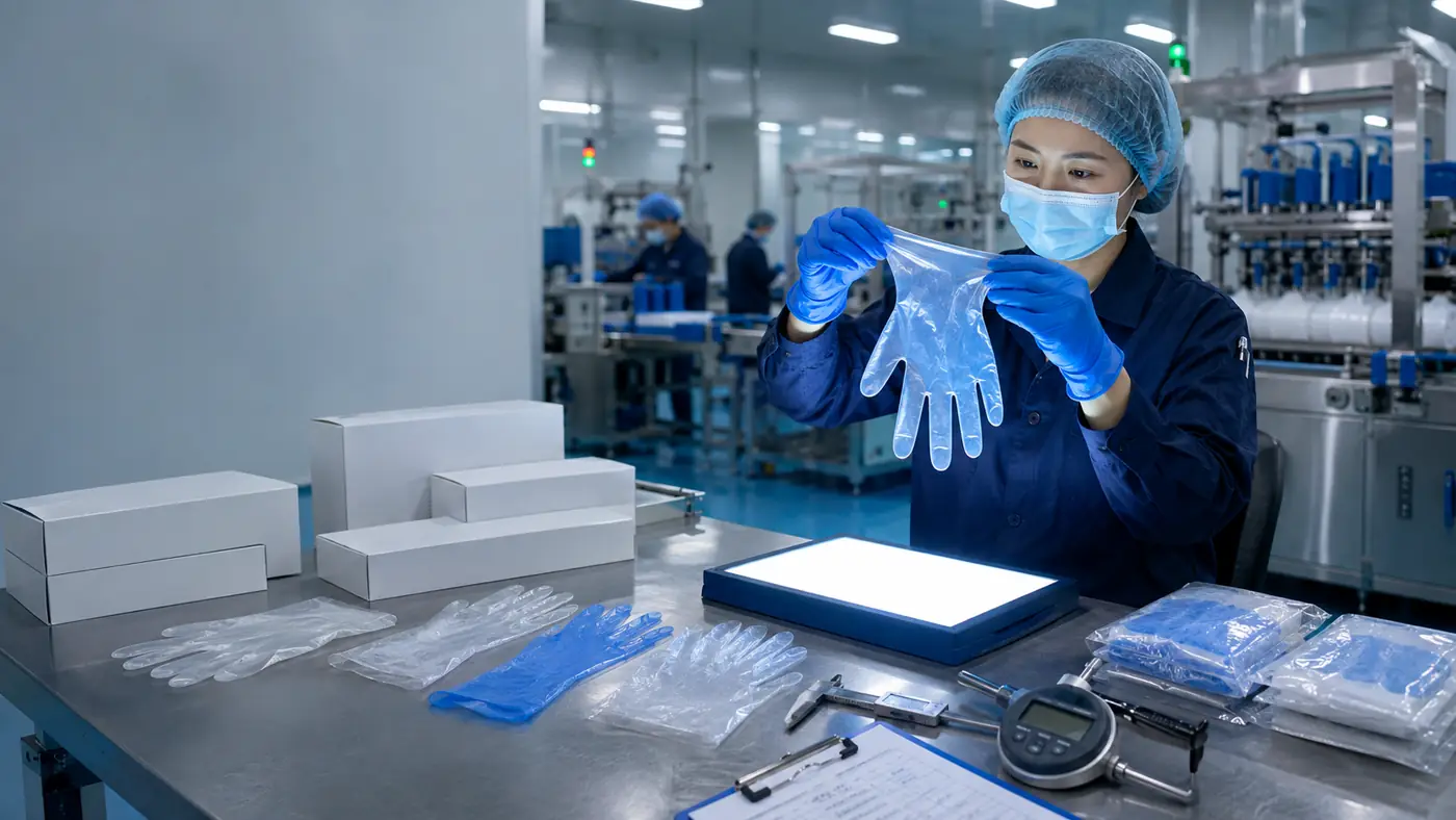 Inspección de guantes desechables en fábrica