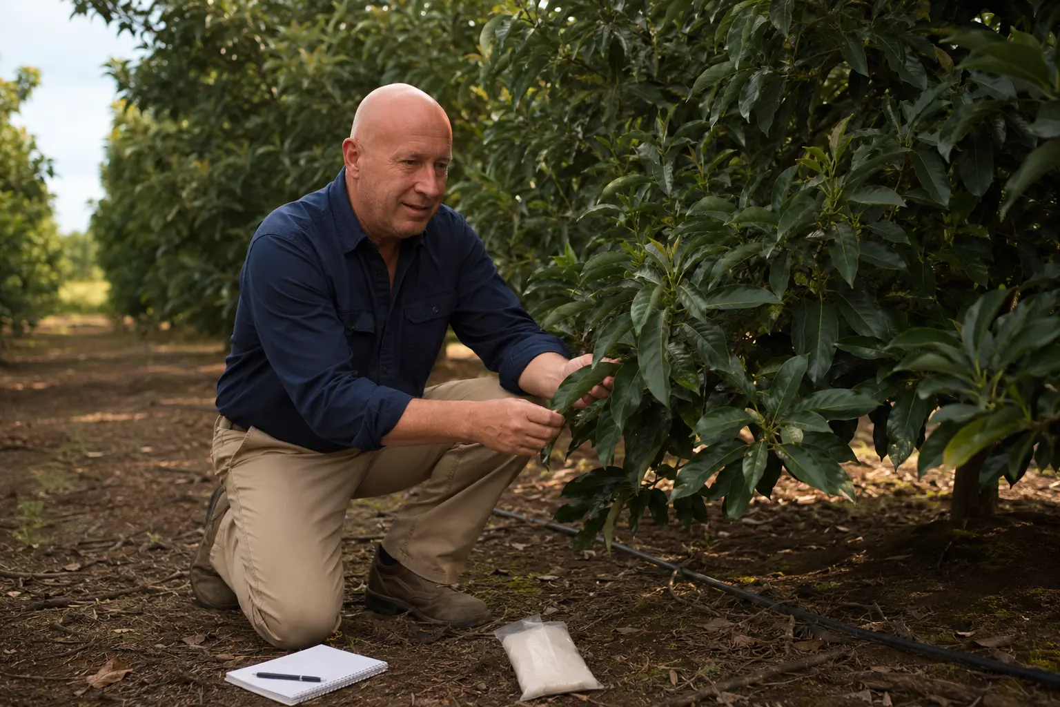 Juan Carlos Parra inspeccionando nutrición vegetal en un cultivo de aguacate