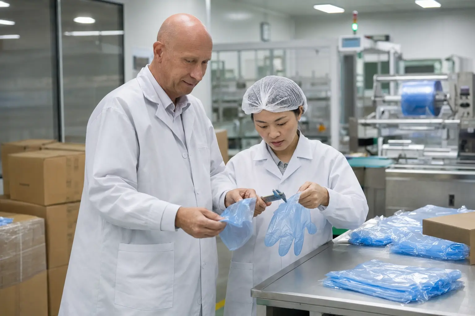 Juan Carlos Parra participando en una inspección de guantes desechables en China