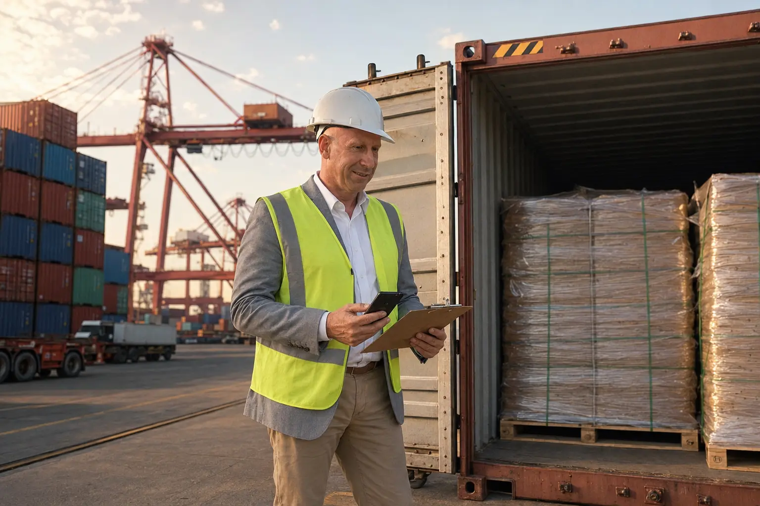 Juan Carlos Parra realizando una inspección previa al embarque en China